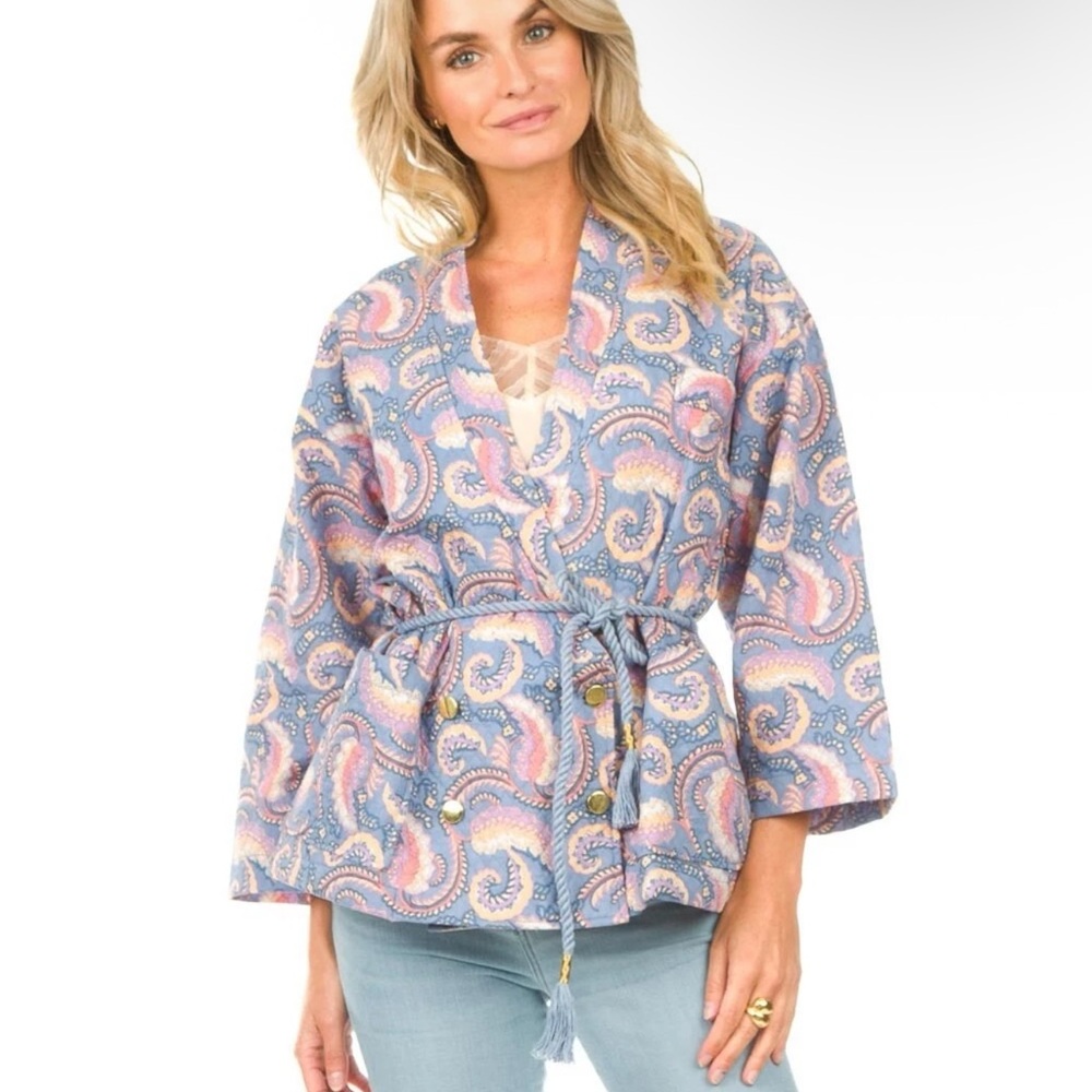 ANTIK BATIK X Anthropologie Pietra Kimono Jacket Paisley Blue Size XS/36 NWT